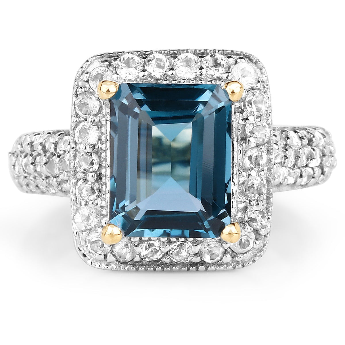 Anillo de plata de ley .925 con topacio azul de Londres genuino de 5,03 quilates y topacio blanco, chapado en oro amarillo de 14 quilates