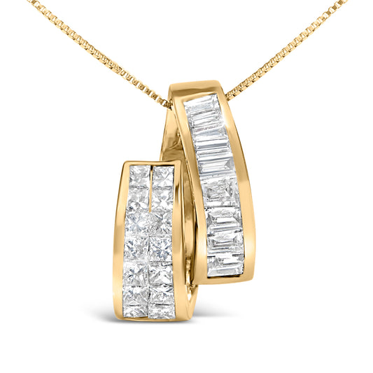 Collar con colgante de barra doble de oro amarillo de 14 quilates con diamantes talla princesa y baguette de 1 5/8 qt (color G-H, claridad VS2-SI1) - 18"