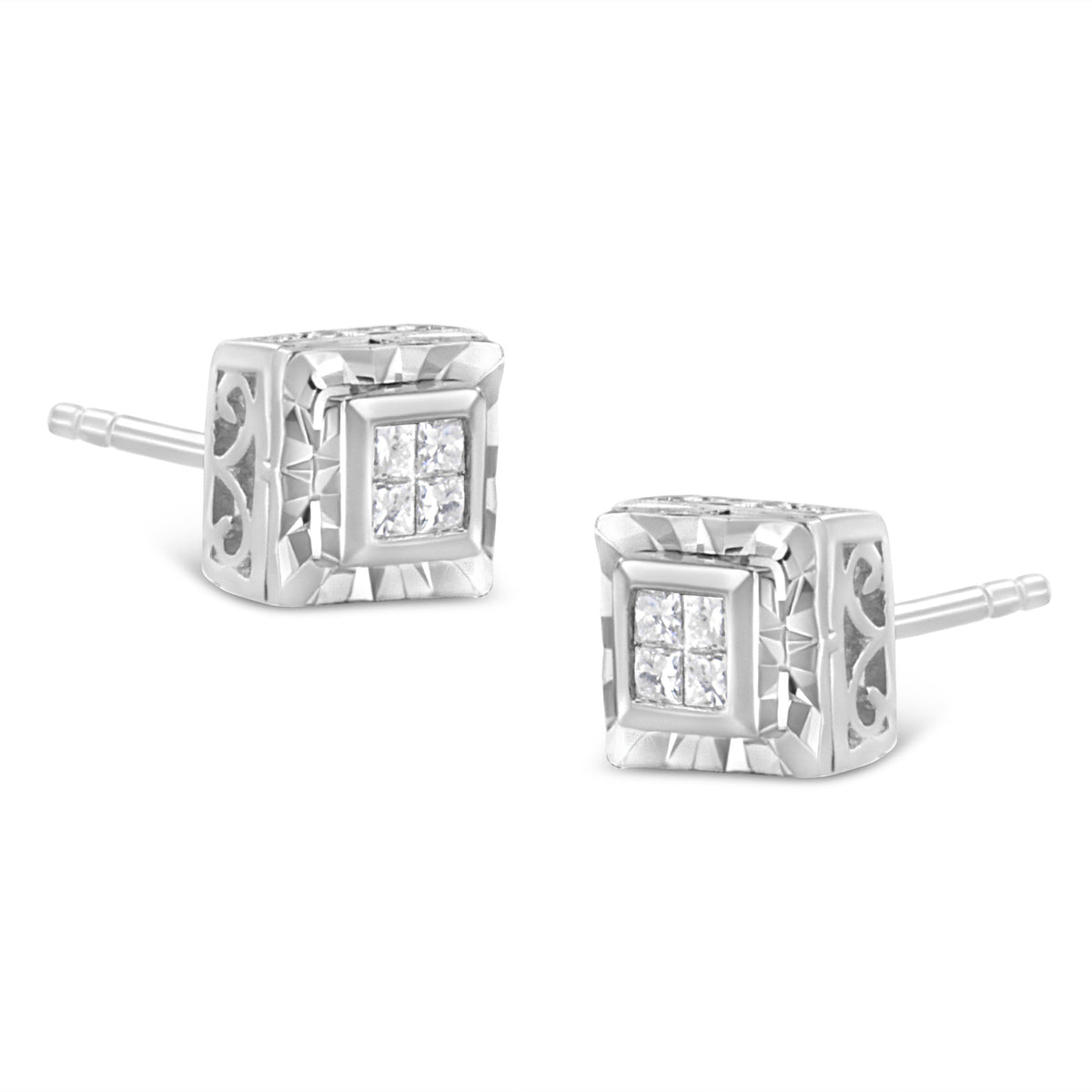 Pendientes de plata de ley .925 con 1/6 quilates de diamantes invisibles con corte de princesa y montura de cuatro (Color H-I, Claridad I1-I2)
