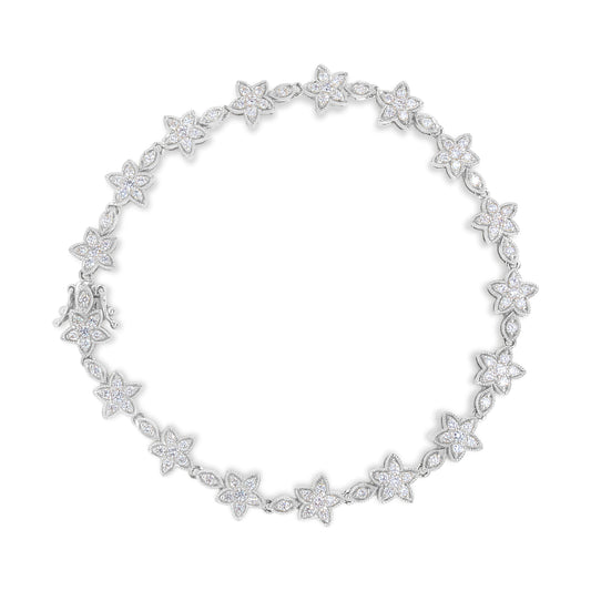 Pulsera de eslabones de oro blanco de 14 quilates con diamantes redondos de 1 1/5 quilates en forma de flor (color H-I, claridad SI1-SI2) - Talla 7"