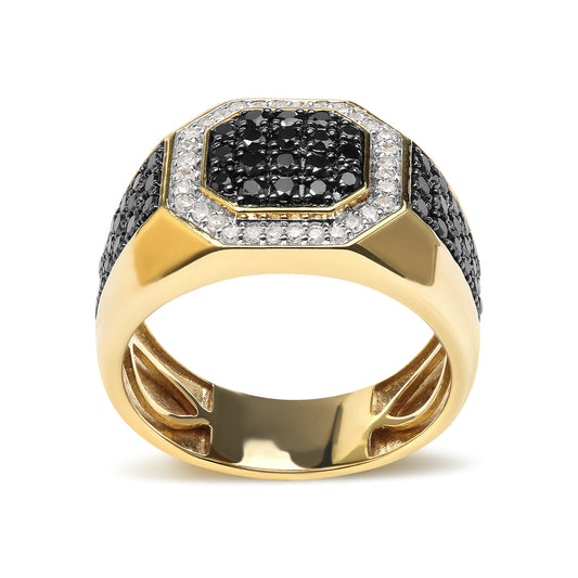 Anillo de banda con halo octogonal de oro amarillo de 10 quilates para hombre con diamantes blancos y negros tratados de 1 1/4 quilates (color I-J, claridad I2-I3) - Talla 10