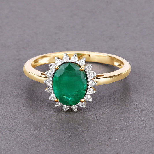 Anillo de oro amarillo de 14 quilates con esmeralda zambiana auténtica de 1,34 quilates y diamantes blancos