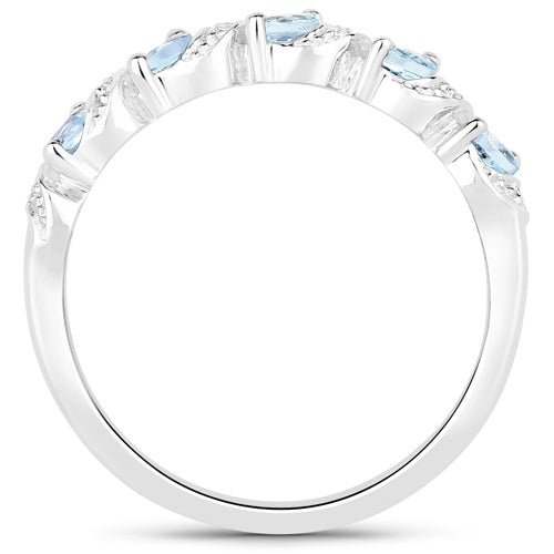 Anillo de plata de ley .925 con aguamarina auténtica y topacio blanco de 0,54 quilates