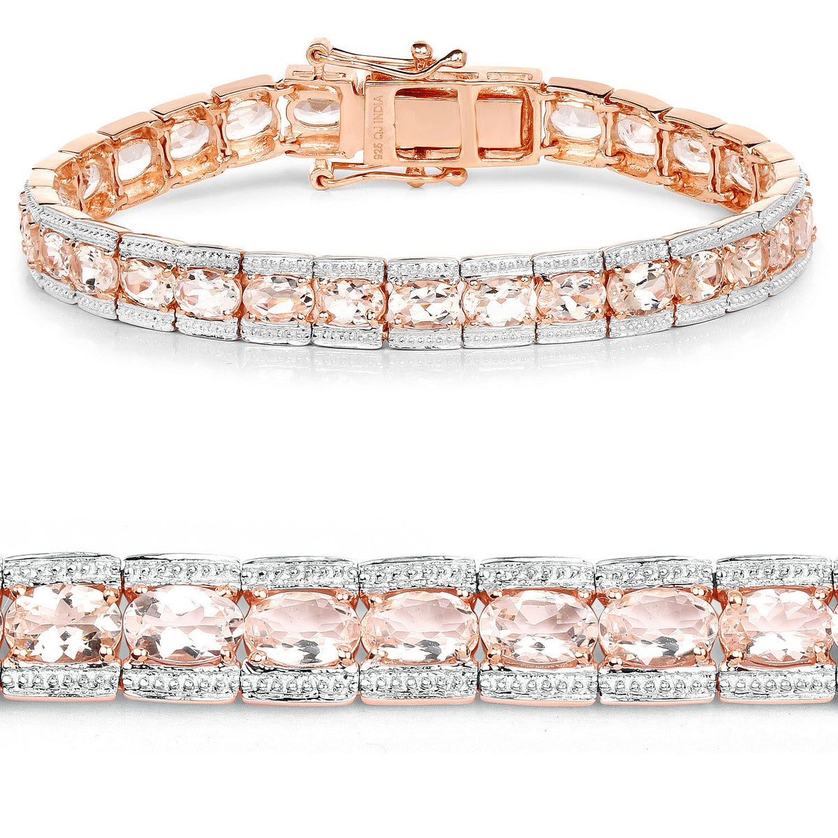Pulsera de plata de ley .925 con morganita genuina de 11,60 quilates y baño de oro rosa de 18K