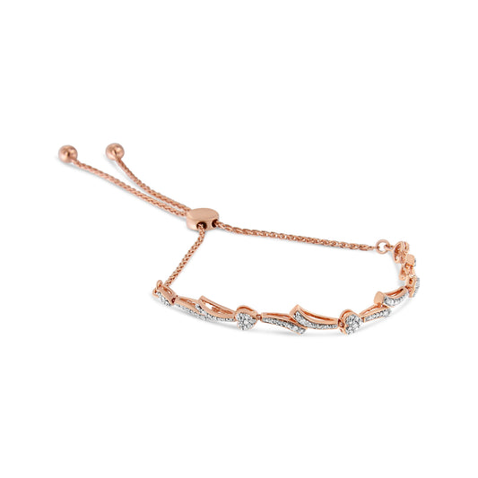 Pulsera de bolo con corazón y onda chapada en oro amarillo de 14 quilates sobre plata de ley .925 con acento de diamante (color I-J, claridad I2-I3) - Ajustable de 6" a 9"