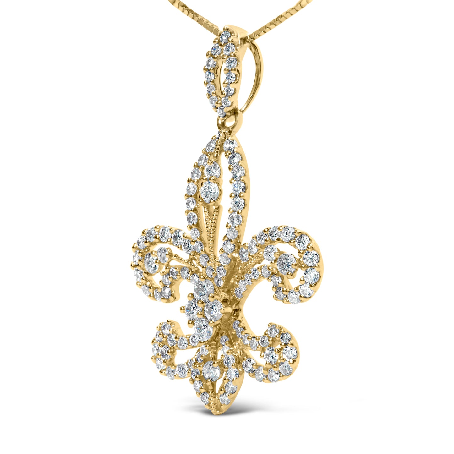Collar con colgante de oro amarillo de 14K con diamante redondo de 1.00 Cttw en forma de flor de lis de 45,72 cm (color H-I, claridad SI2-I1)