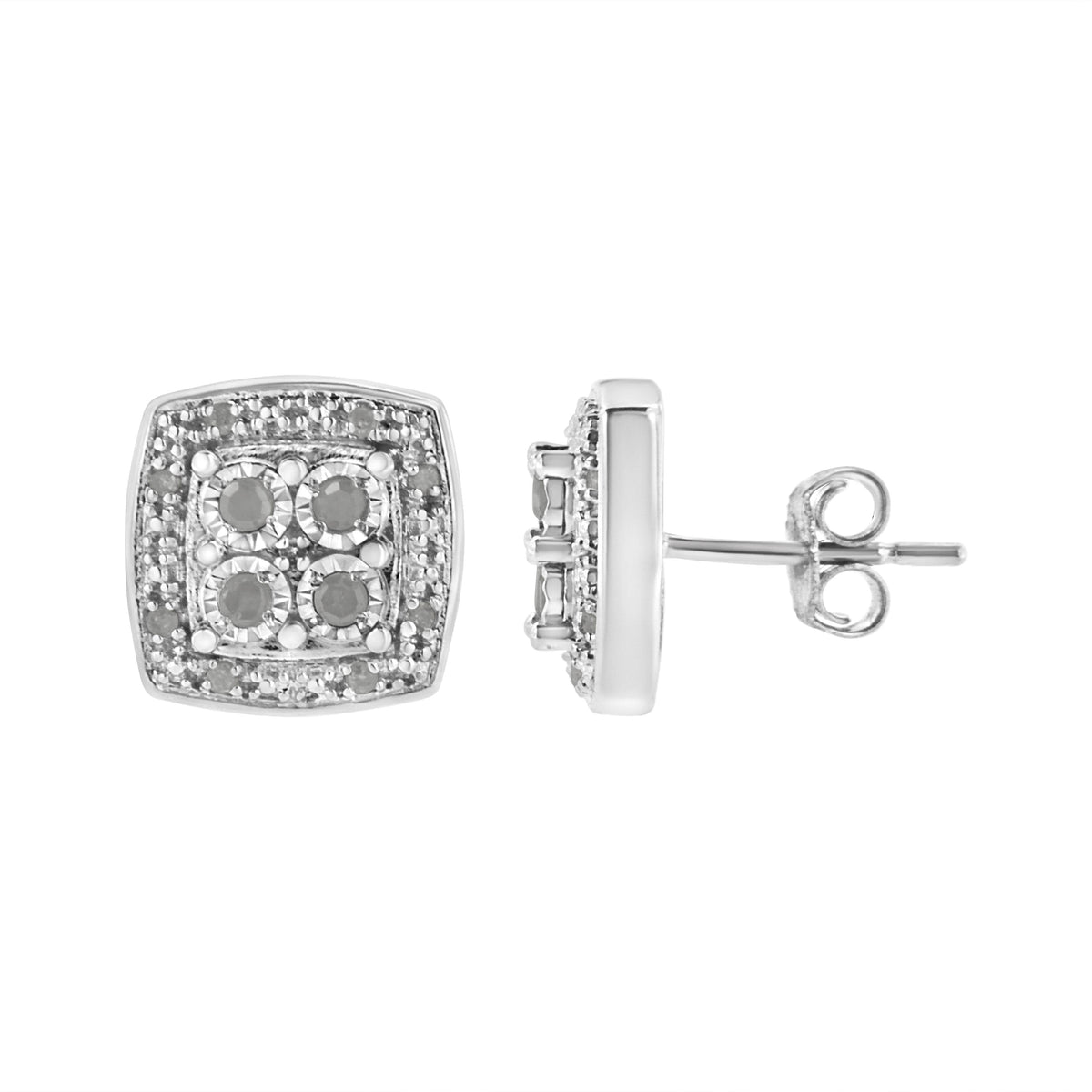 Pendientes de botón de plata de ley 925 con diseño cuadrado de diamantes de talla redonda de 0,25 ct. y milgrain (color I-J, claridad I3)