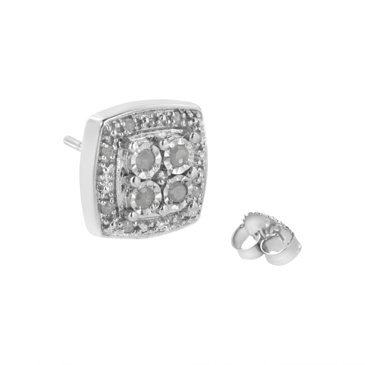 Pendientes de botón de plata de ley 925 con diseño cuadrado de diamantes de talla redonda de 0,25 ct. y milgrain (color I-J, claridad I3)