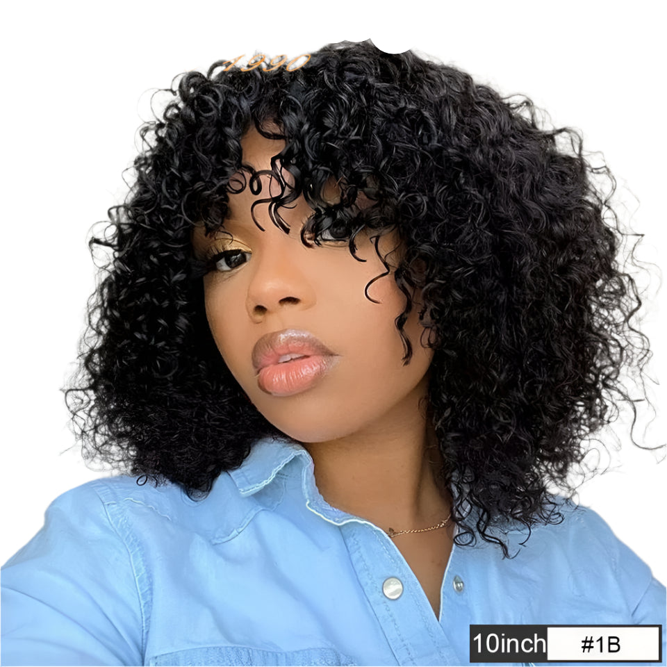 180% Density Honey Blonde Highlight Jerry Curly Pixie Bob Wig with Bangs Luxegan