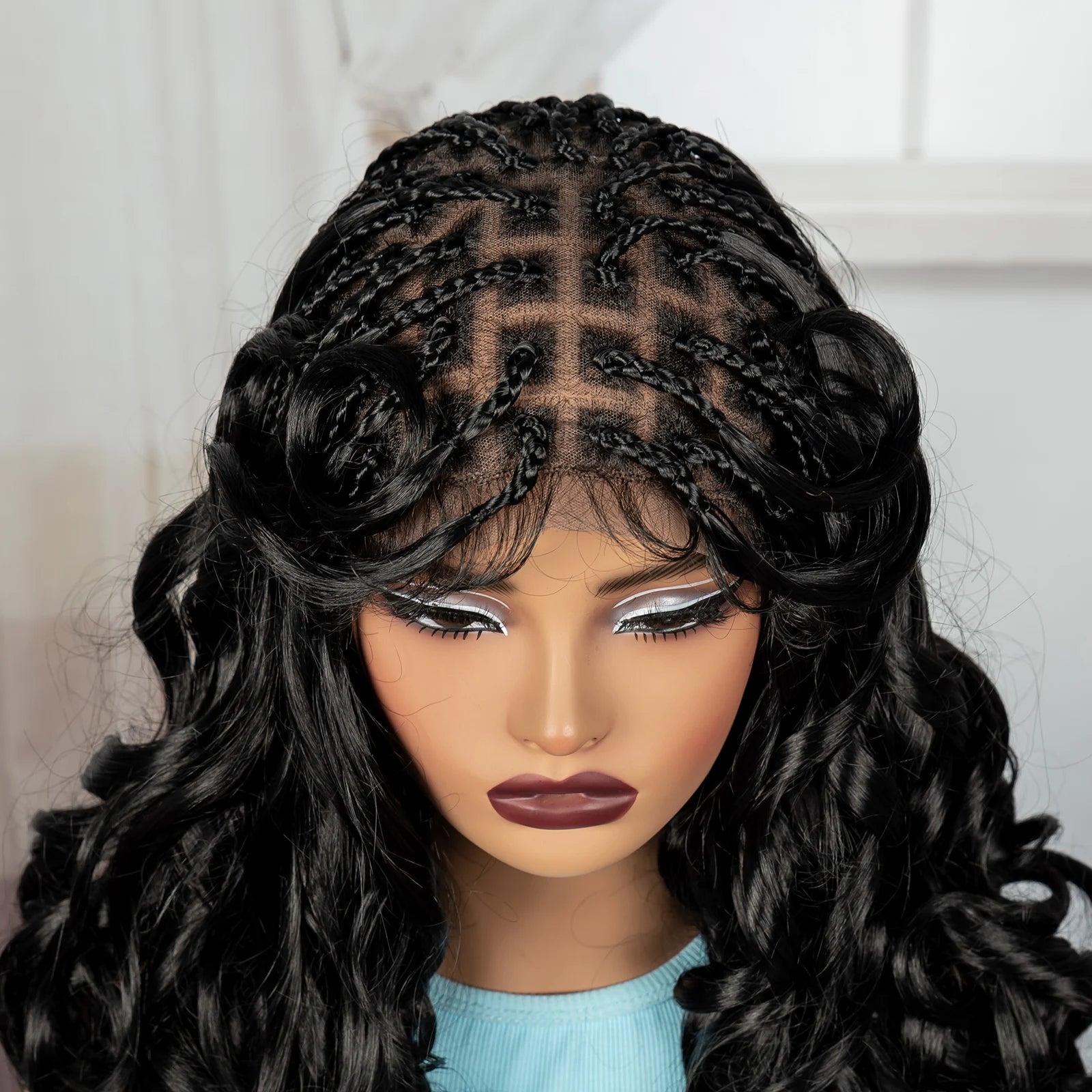 18" Bouncy Wavy Knotless Braids Wig | Full Lace | Bangs | Baby Hair Luxegan