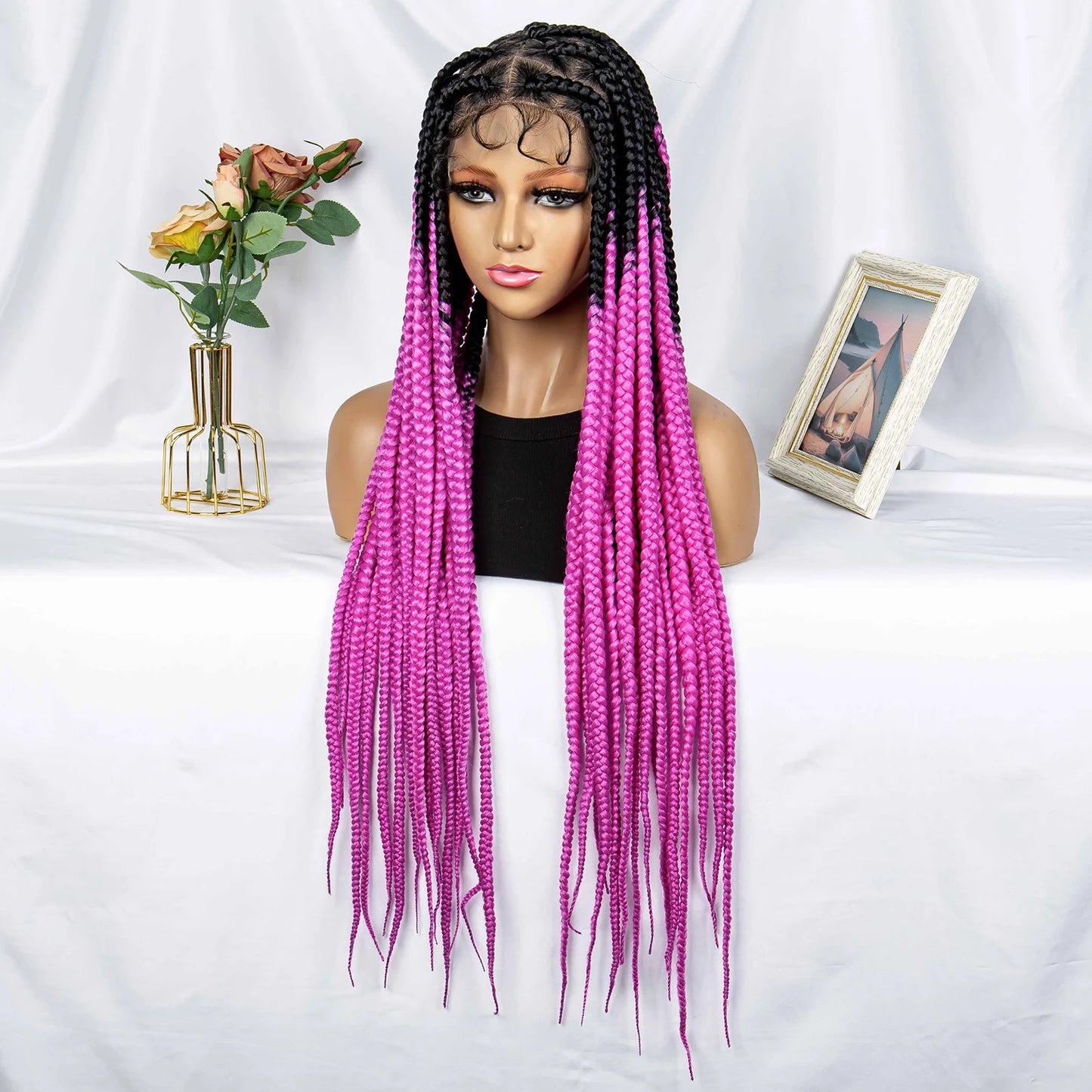 32" Triangle Knotless Box Braids Wig | KIMA Full Lace Front Braided Wig | Transparent Lace | Synthetic Braids