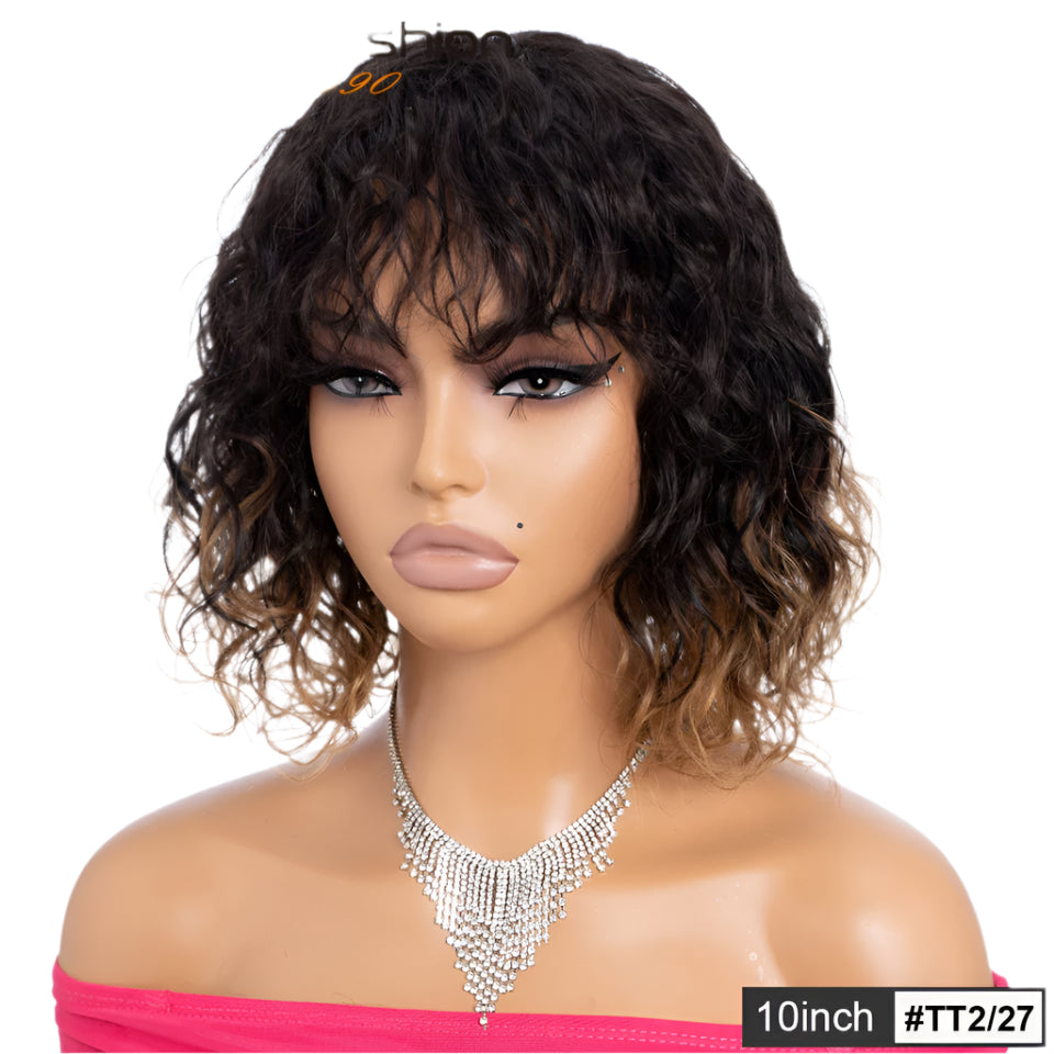 Rebecca Short Wavy & Curly Bob Wig | Human Hair with Bangs & Water Wave Texture Luxegan