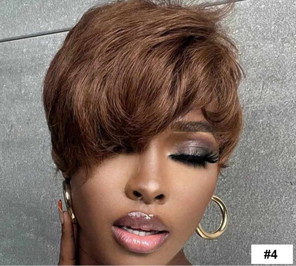 180% Density Natural Black Pixie Bob Wig with Bangs | Short Straight Human Hair (with optional Wine Blonde 99J) Luxegan