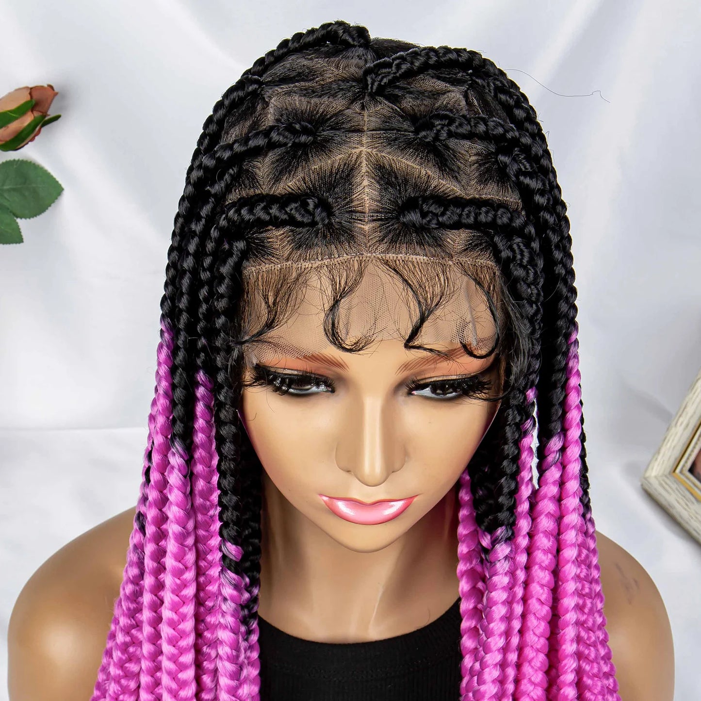 32" Triangle Knotless Box Braids Wig | KIMA Full Lace Front Braided Wig | Transparent Lace | Synthetic Braids