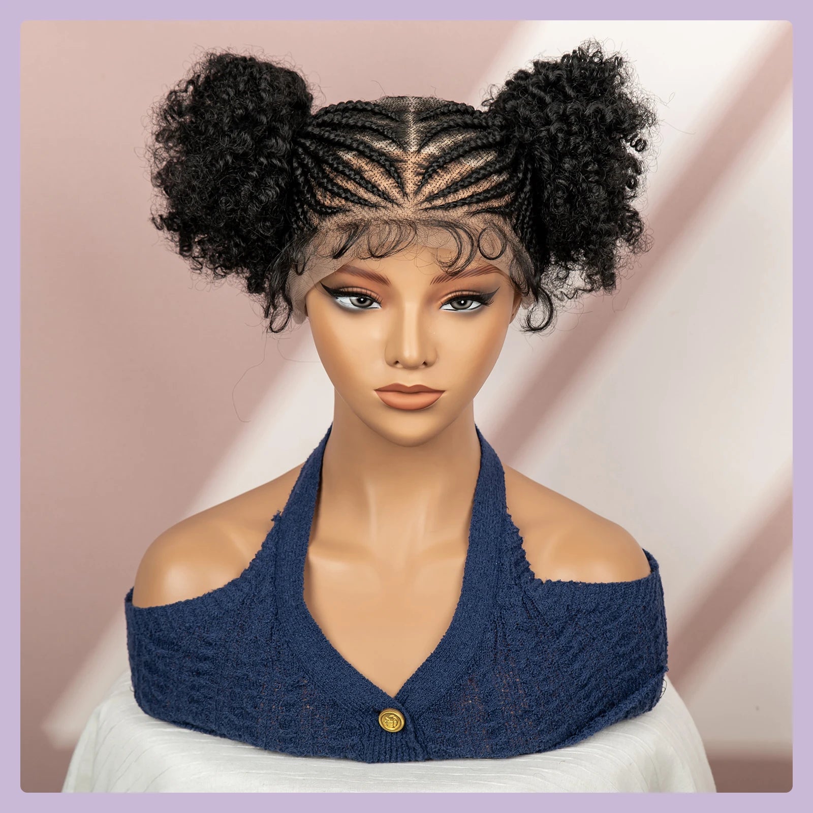 6" Short Afro Curly Wig | Twin Buns | 360 Lace | Cornrows | For Black Women