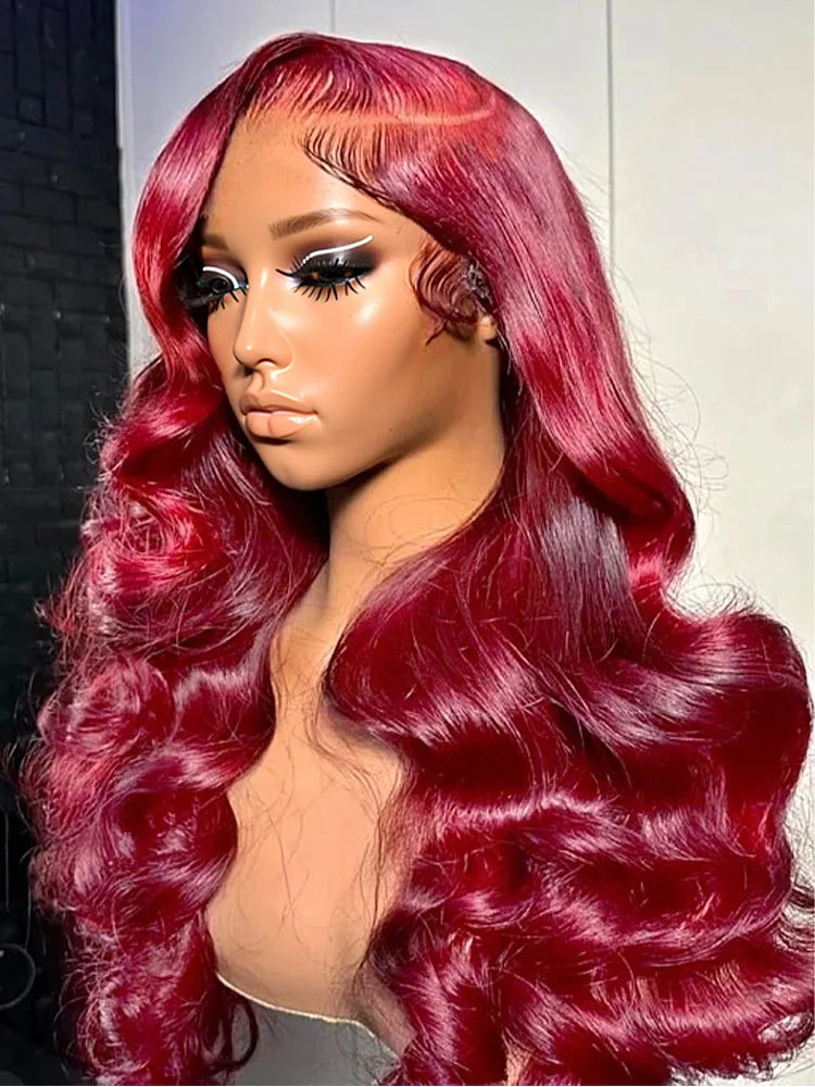 Burgundy 99J Red Body Wave Lace Front Wig | 30 Inch 200% Density Brazilian Remy HD Transparent Lace Frontal for Women Luxegan