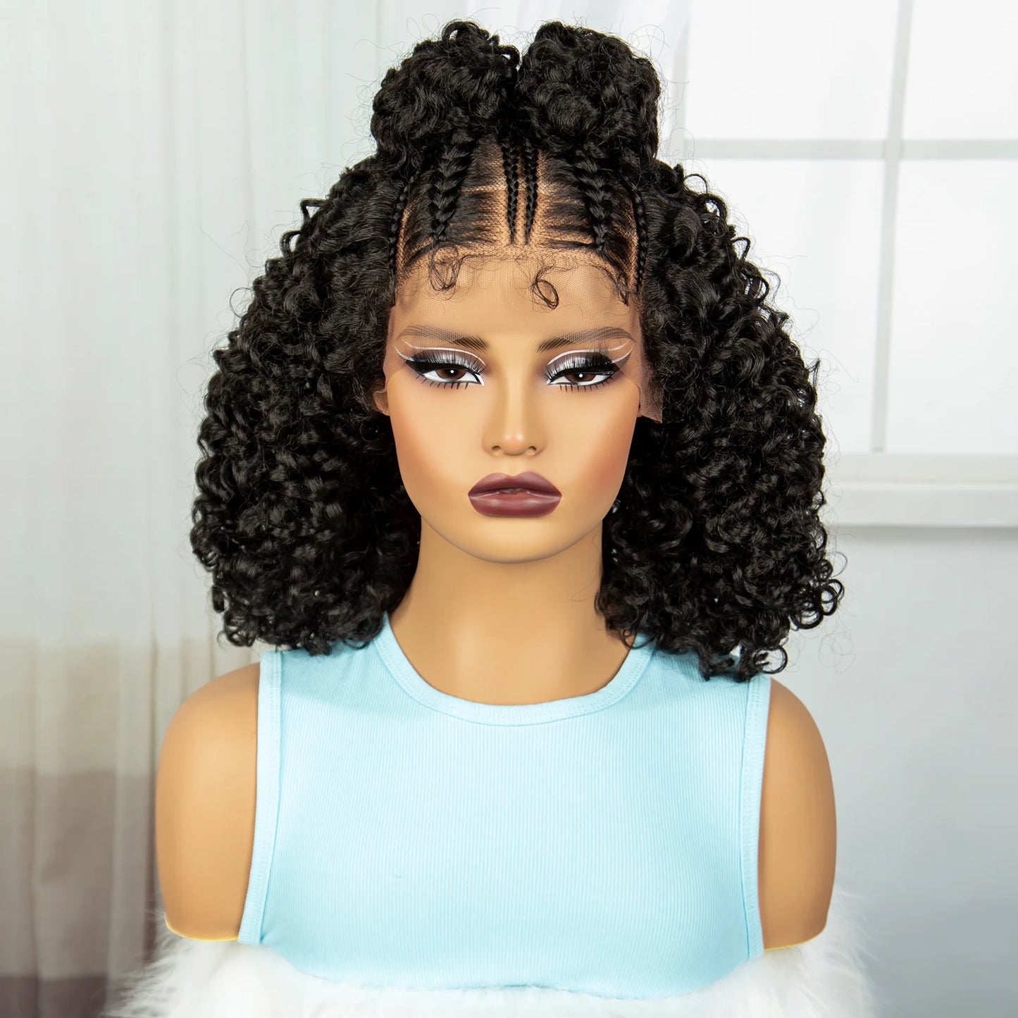 16" Cornrow Braids Wig with Afro Kinky Curly Ends | Knotless Lace Front | Baby Hair Luxegan