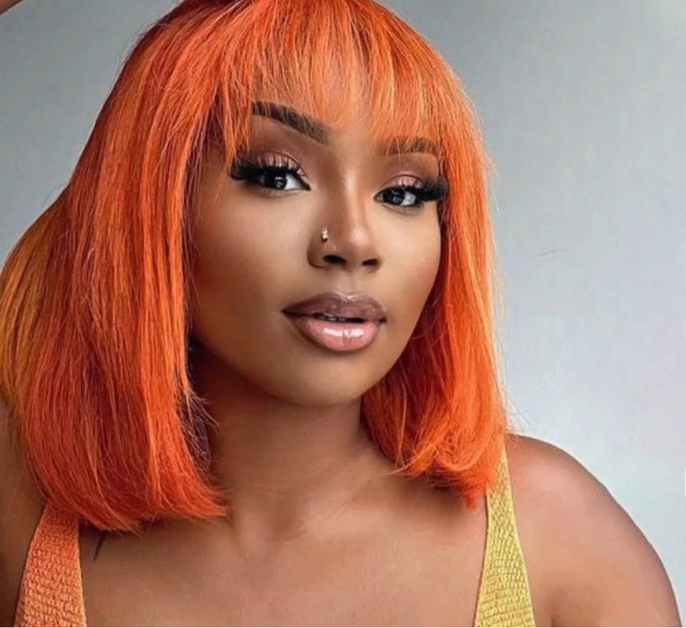 180D Orange/Ginger & Blonde Straight Human Hair Bob Wig with Bangs | Full Machine Made Remy for Women (P4/30, 613, 99J, T1B/27) Luxegan