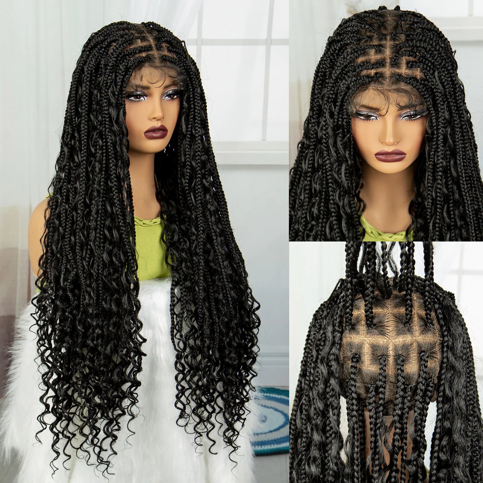 Burgundy Knotless Box Braids Wig with Curly Ends | Full Lace Handmade Luxegan