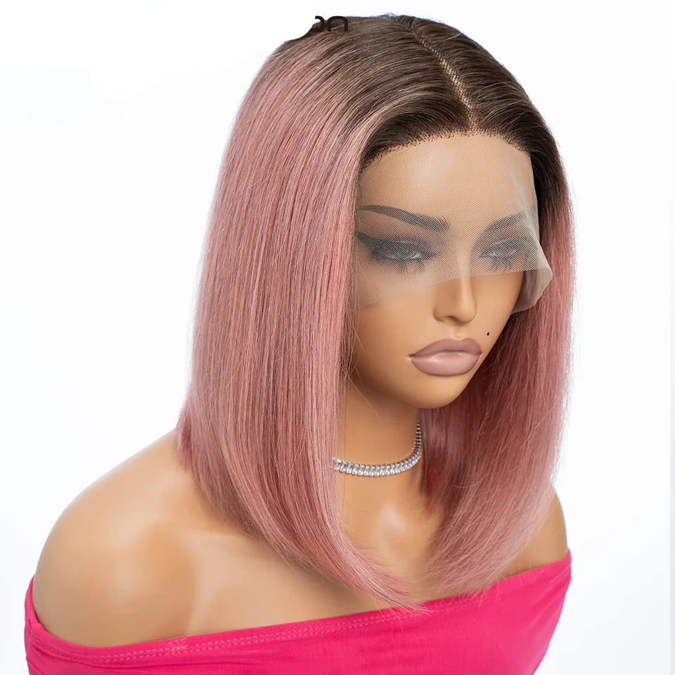 Ombre Pink & Blonde Bob Wig | Straight Human Hair T-Part Lace Front