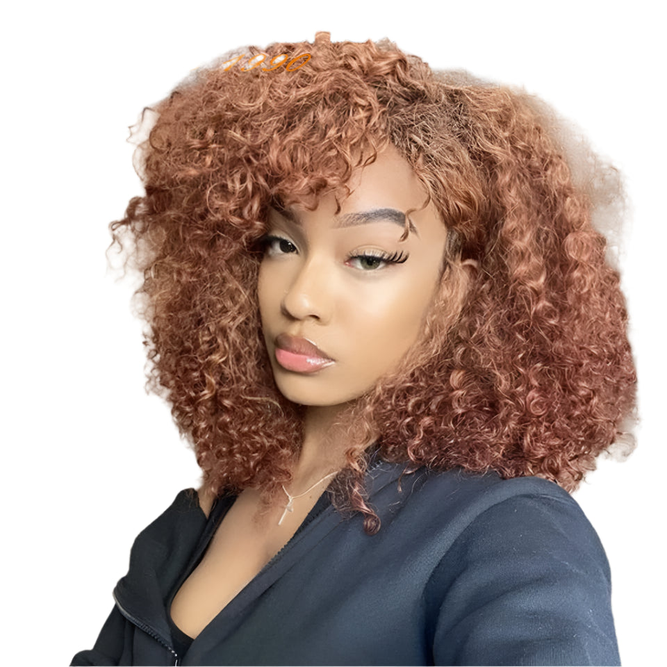 250% Density Afro Kinky Curly Wig with Bangs | Brown Glueless Human Hair Luxegan