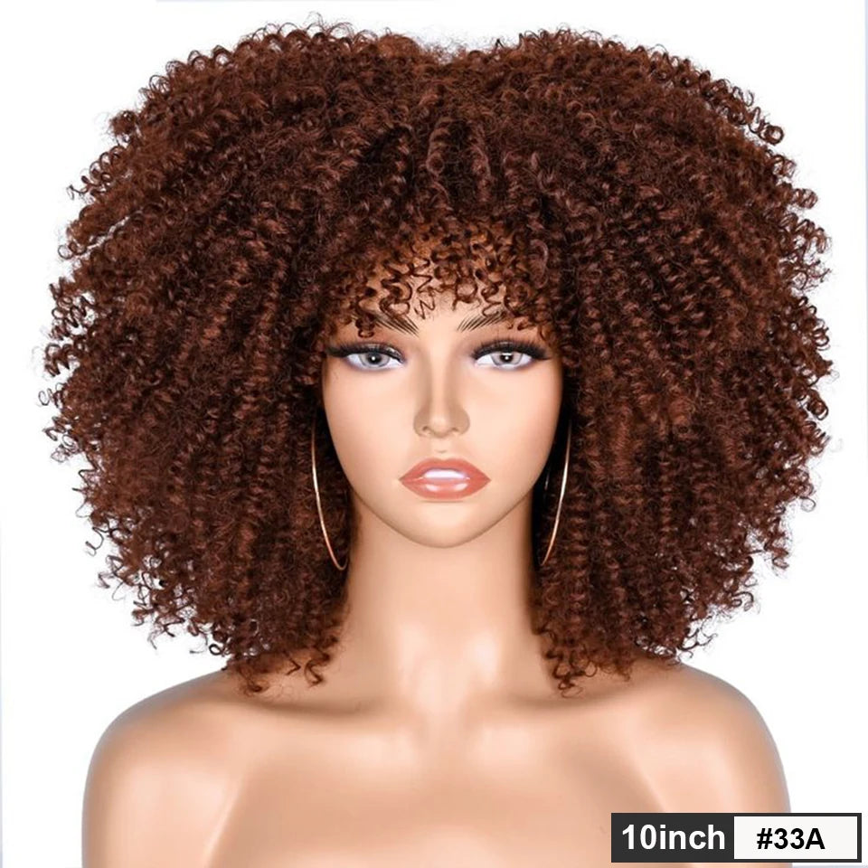 200% Density Short Afro Kinky Curly Human Hair Wig with Bangs | Sassy Fluffy Natural Growth Full Machine Made Wigs Luxegan