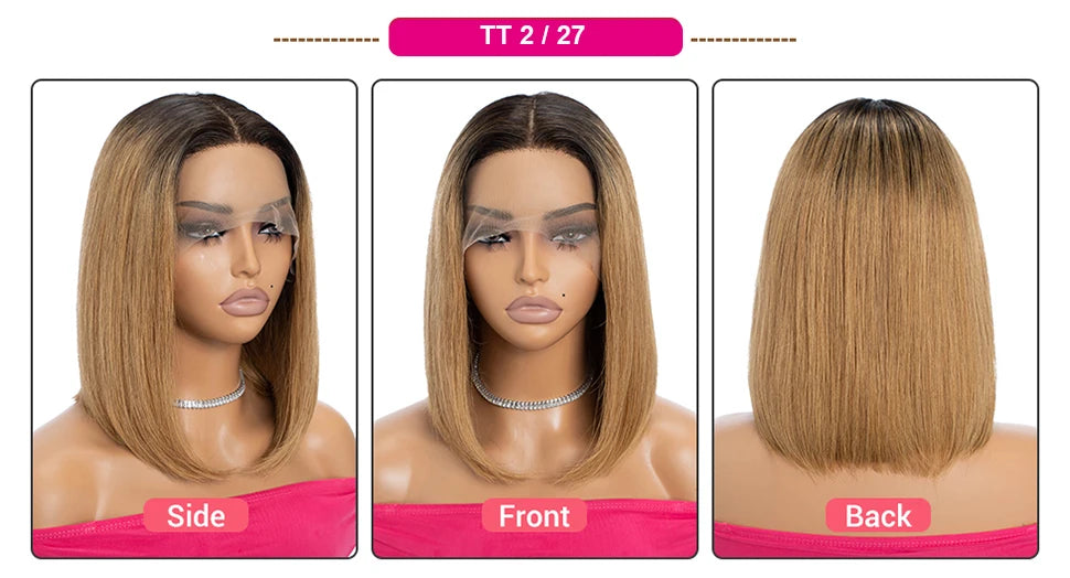 180% Density Dark Root Ginger Ombre Straight Bob Wig | Transparent T-Part Lace Front Human Hair Luxegan
