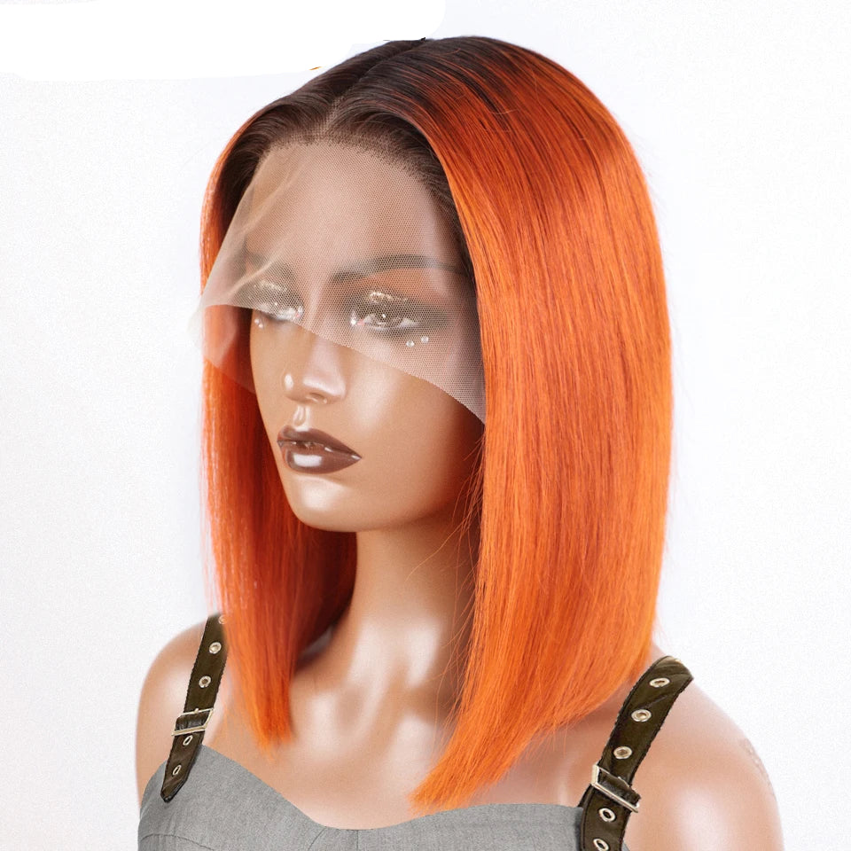 180% Density Dark Root Ginger Ombre Straight Bob Wig | Transparent T-Part Lace Front Human Hair Luxegan