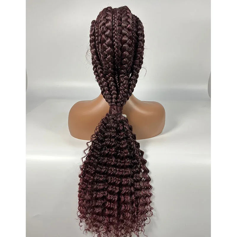 28" Burgundy Knotless Braids Wig with Curly Ends | Lace Front | Baby Hair Luxegan