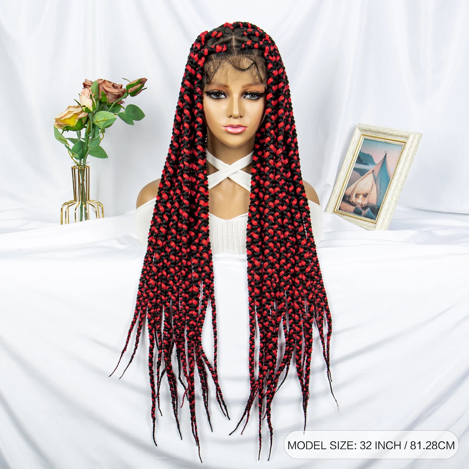 32" Triangle Knotless Box Braids Wig | KIMA Full Lace Front Braided Wig | Transparent Lace | Synthetic Braids