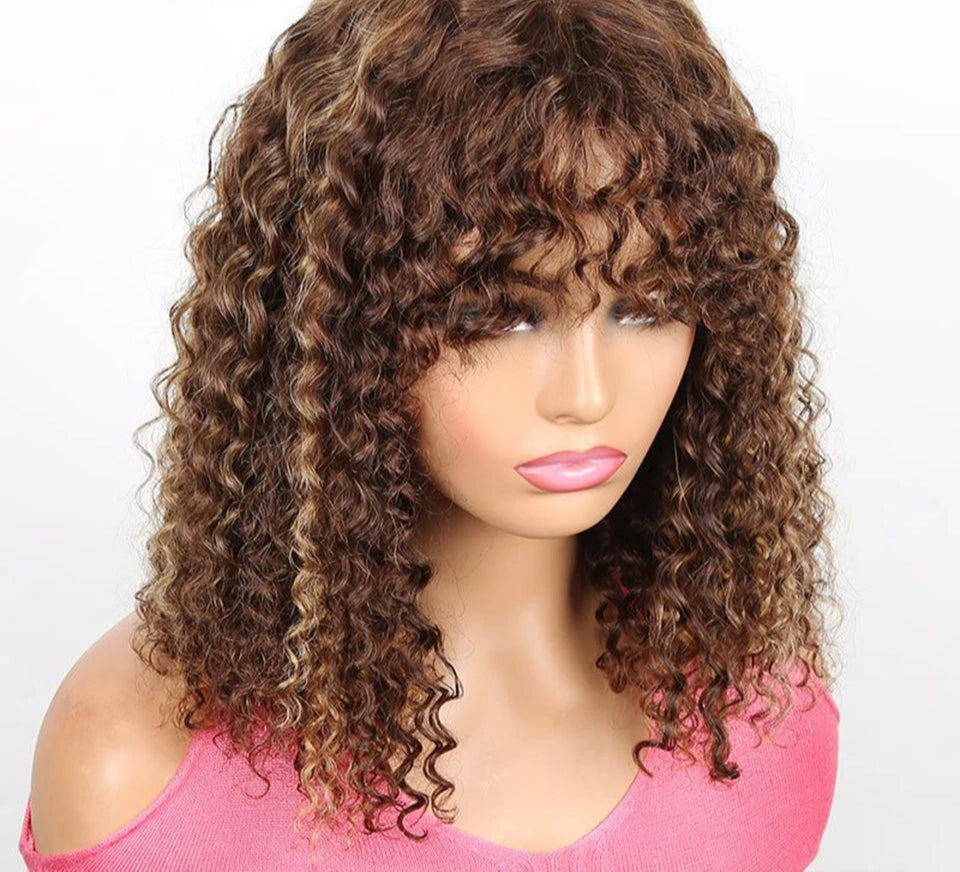 180% Density Jerry Curly Pixie Bob Wig with Bangs | Highlight 1B/P1B/30 Remy Human Hair Luxegan