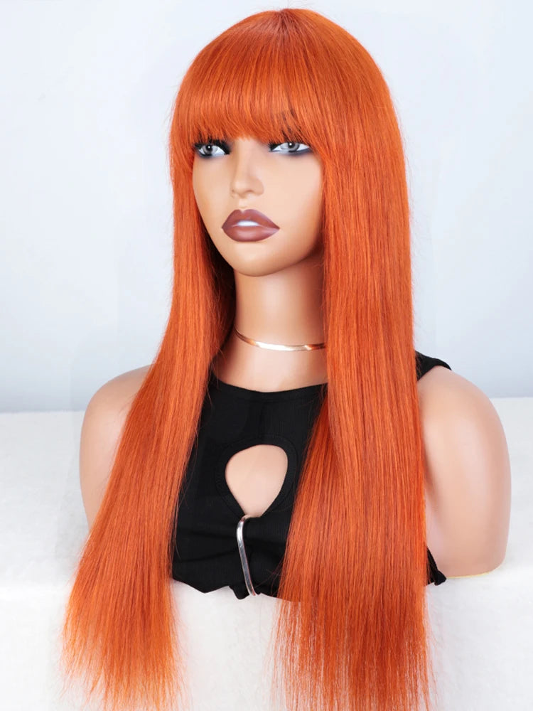 Dirty Pink Straight Human Hair Wig with Bangs | Full Machine Made Brazilian Remy for Women (Wear & Go) Luxegan