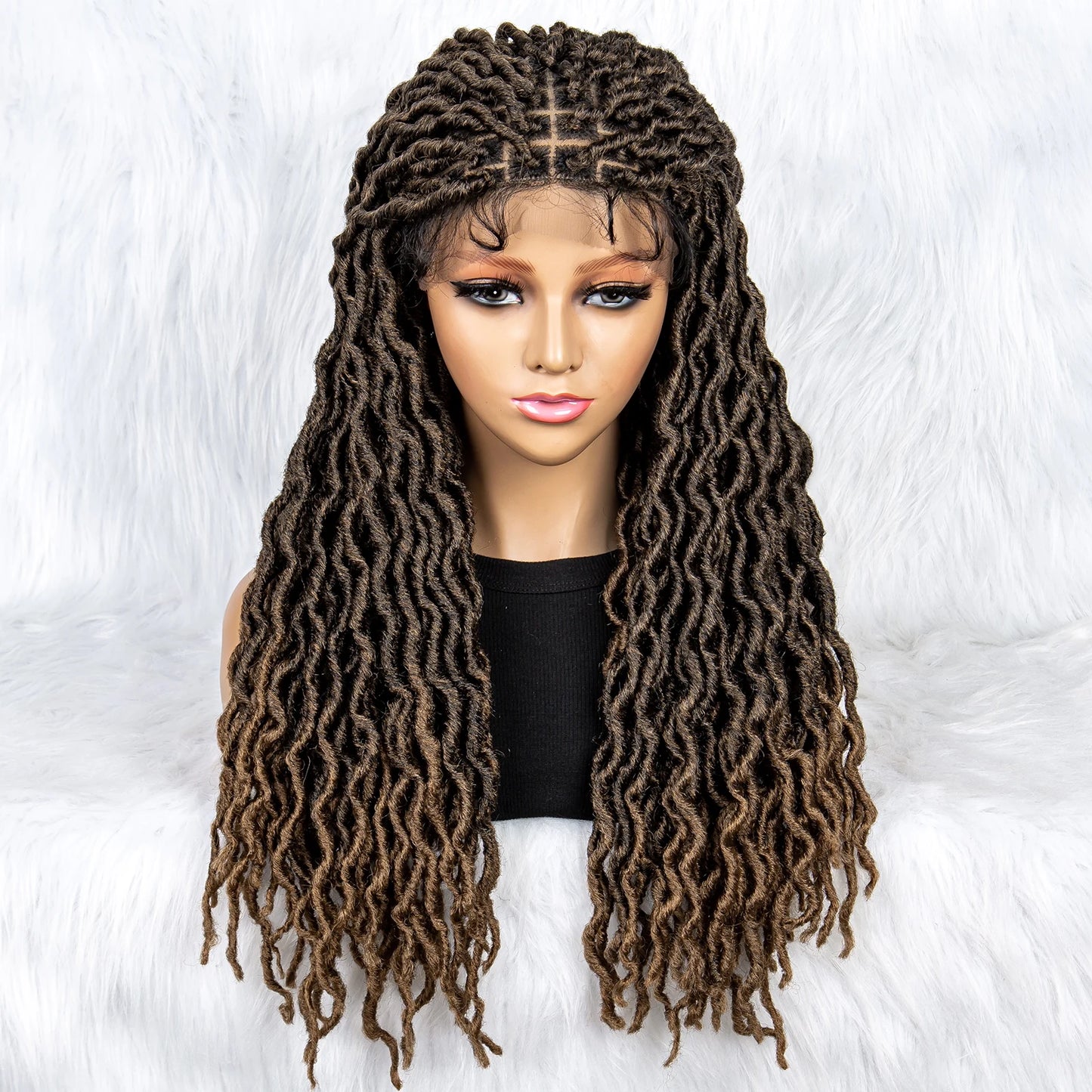26" Goddess Locs Braided Wig | Lace Front Faux Locs Wig with Baby Hair | Synthetic Dreadlock Braids Wig for Women | Transparent Lace