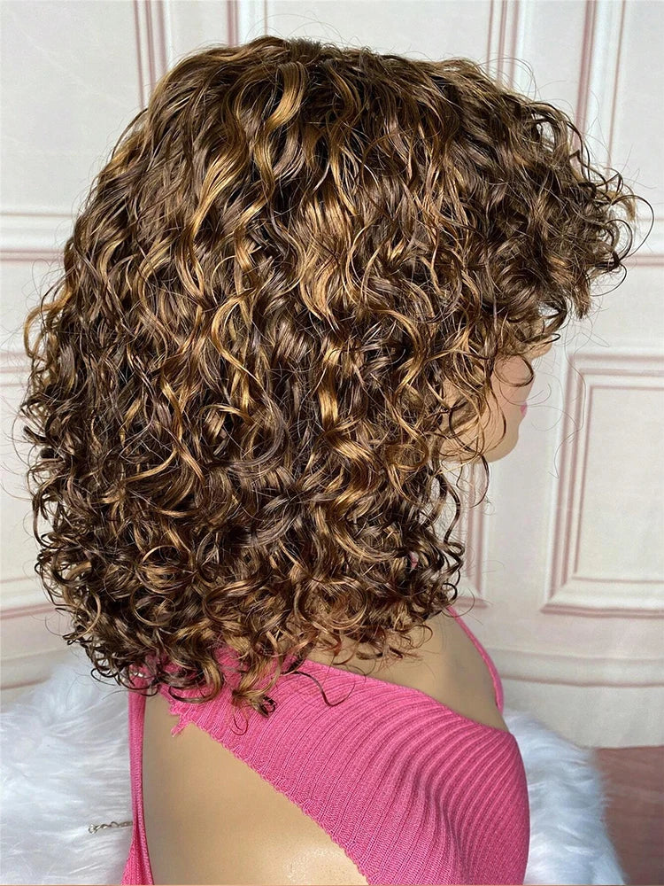 Ombre Honey Blonde Jerry Curly Pixie Bob Wig | Remy Human Hair with Bangs Luxegan