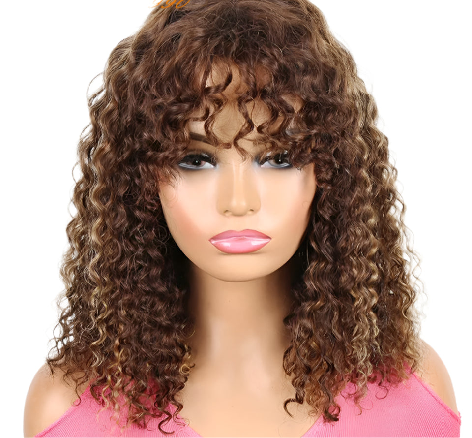 180% Density Jerry Curly Pixie Bob Wig with Bangs | Highlight 1B/P1B/30 Remy Human Hair Luxegan