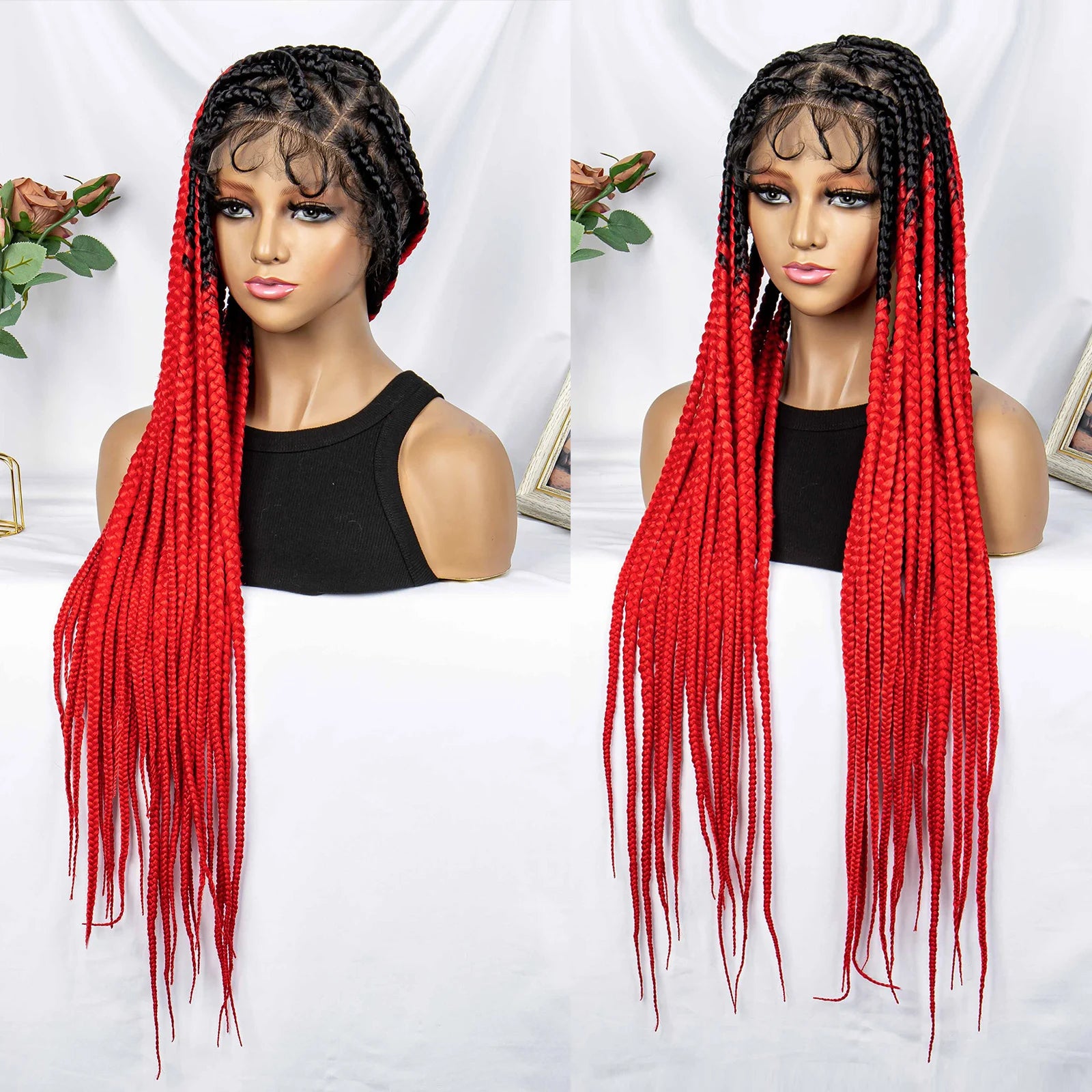 32" Triangle Knotless Box Braids Wig | KIMA Full Lace Front Braided Wig | Transparent Lace | Synthetic Braids