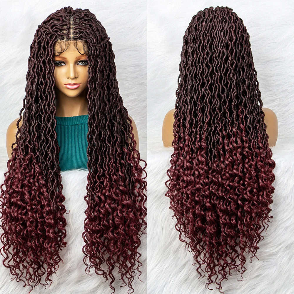 32" Burgundy Curly Dreadlocks Braided Wig | Lace Front with Baby Hair Luxegan