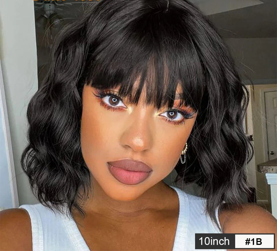 Short Wavy Bob Wig with Bangs | Natural Wave Full Machine Made Human Hair Luxegan