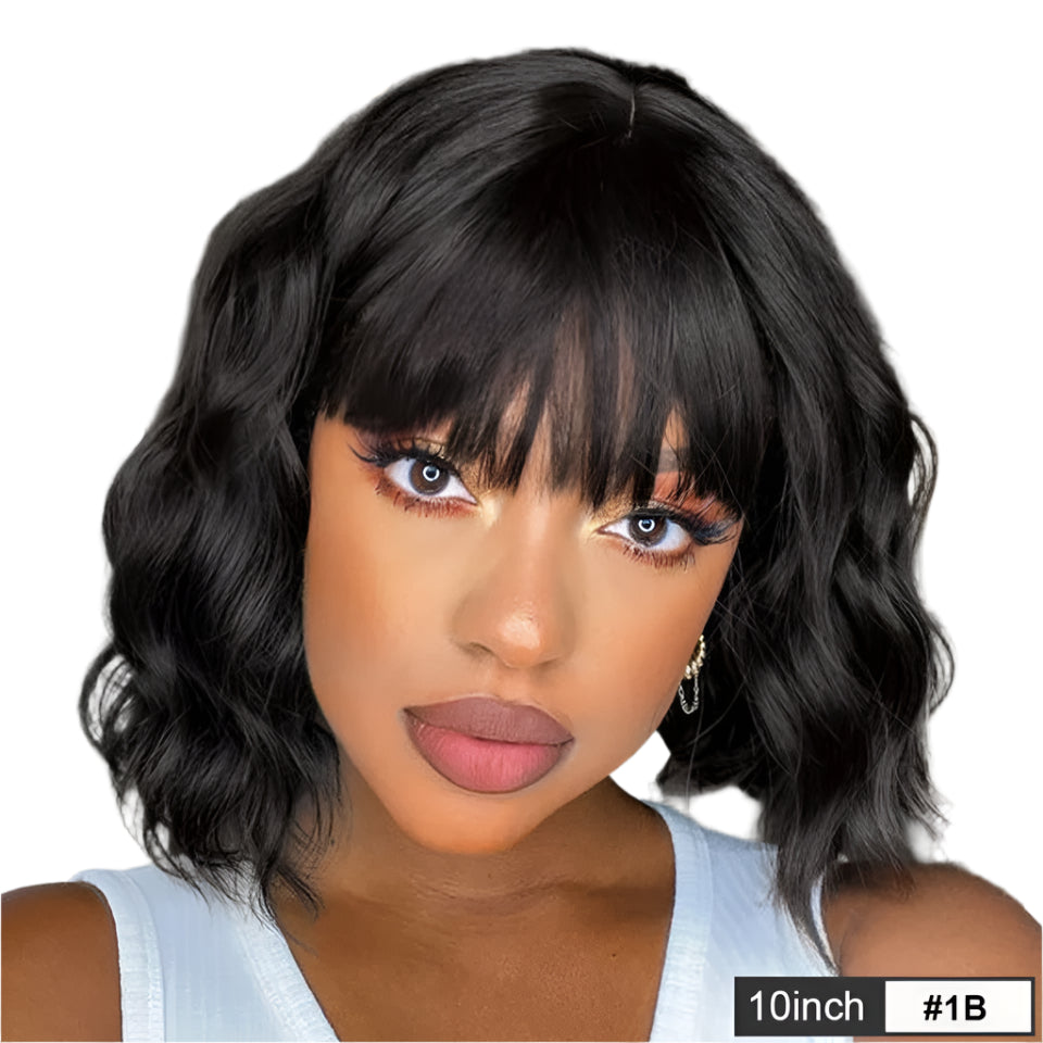 Rebecca Short Wavy & Curly Bob Wig | Human Hair with Bangs & Water Wave Texture Luxegan