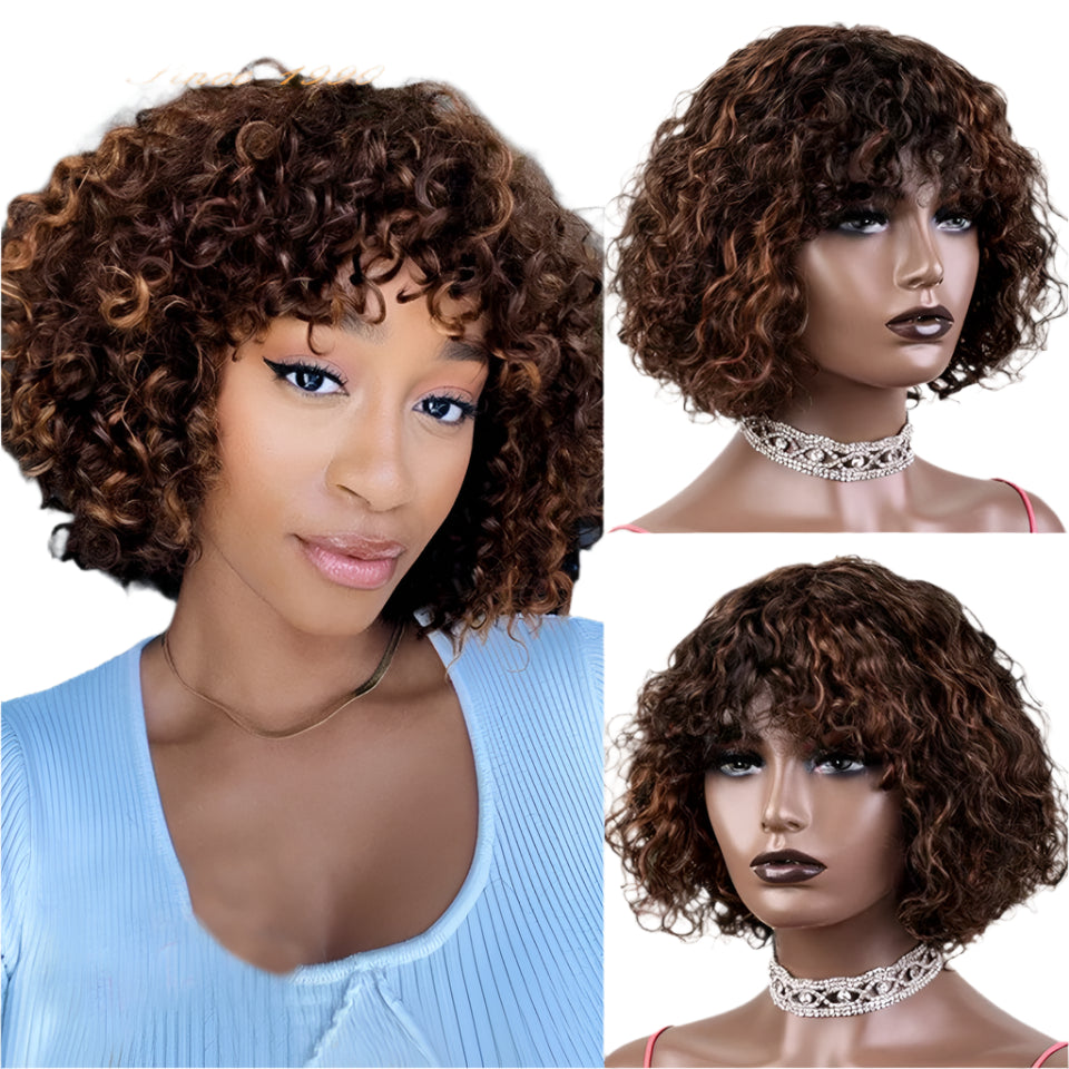 Ombre Honey Blonde Jerry Curly Pixie Bob Wig | Remy Human Hair with Bangs Luxegan