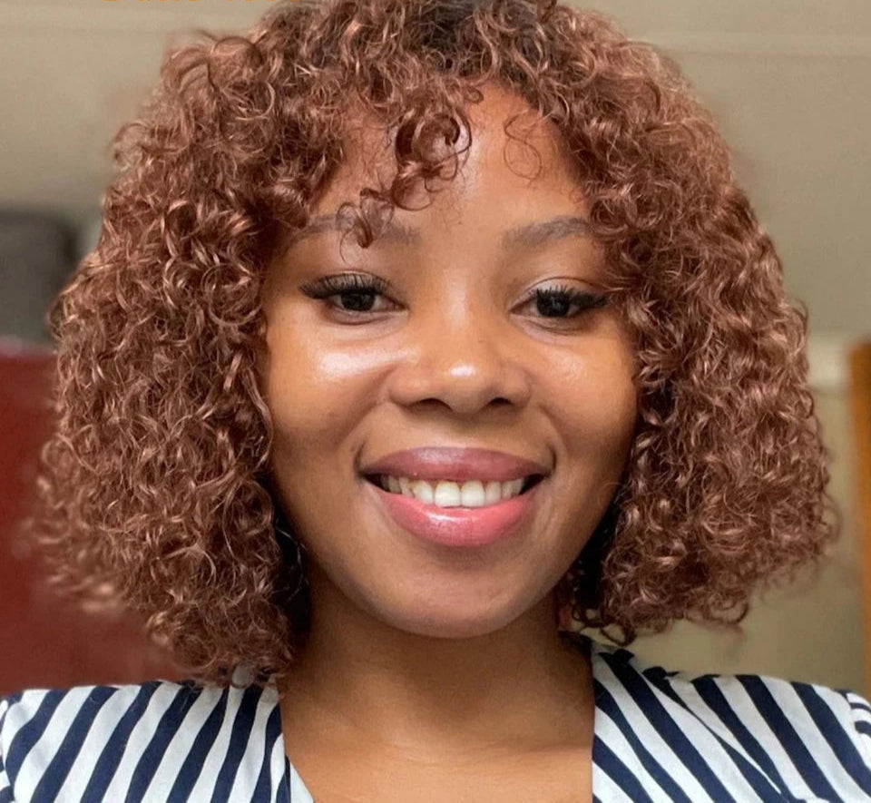 Brown Ombre Afro Kinky Curly Bob Human Hair Wig with Bangs | Brazilian Remy Loose Deep Wavy Wigs for Women Luxegan