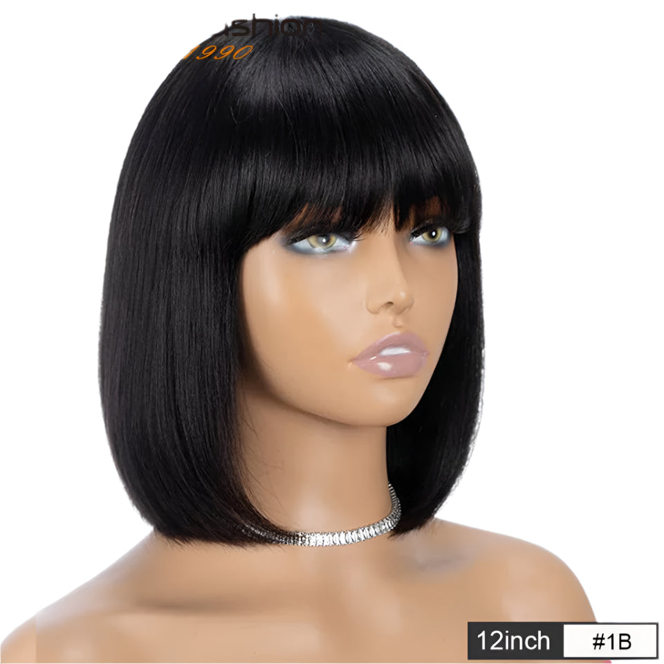 180D Orange/Ginger & Blonde Straight Human Hair Bob Wig with Bangs | Full Machine Made Remy for Women (P4/30, 613, 99J, T1B/27) Luxegan
