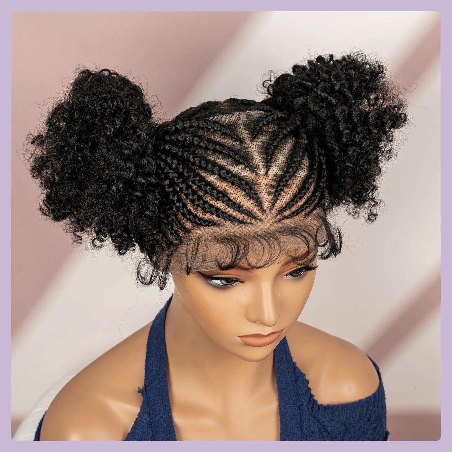 6" Short Afro Curly Wig | Twin Buns | 360 Lace | Cornrows | For Black Women