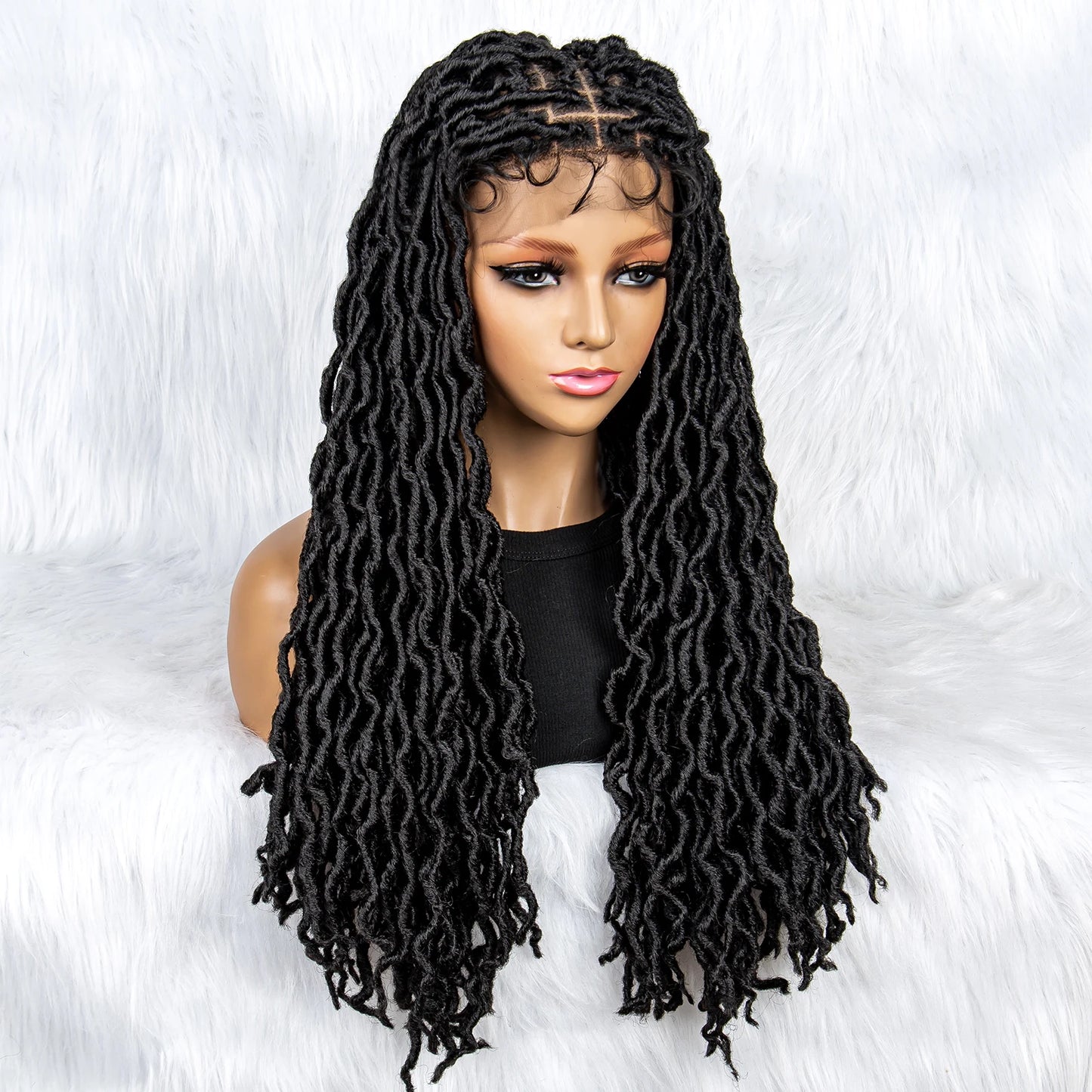 26" Goddess Locs Braided Wig | Lace Front Faux Locs Wig with Baby Hair | Synthetic Dreadlock Braids Wig for Women | Transparent Lace