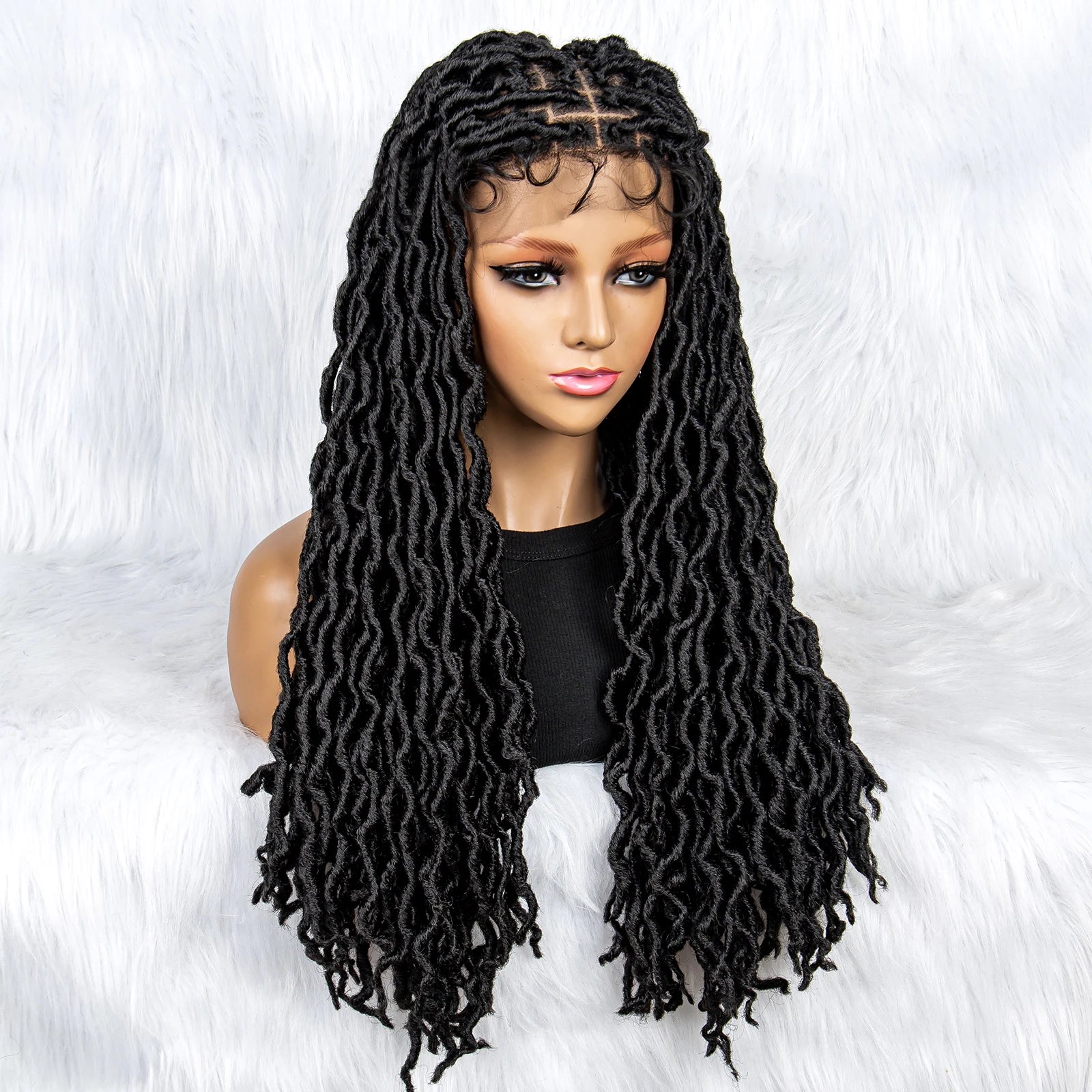 26" Goddess Locs Braided Wig | Lace Front Faux Locs Wig with Baby Hair | Synthetic Dreadlock Braids Wig for Women | Transparent Lace