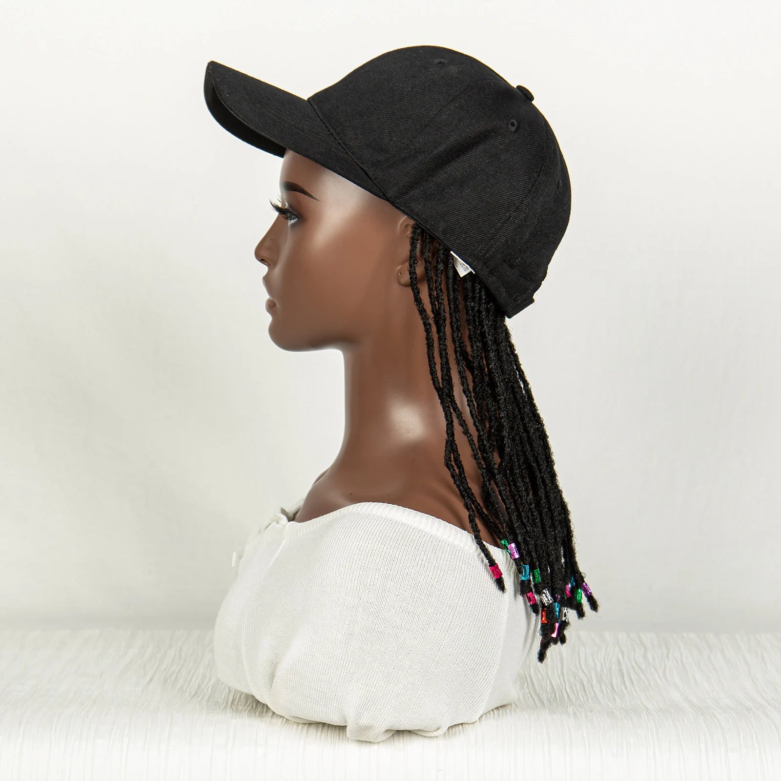 Short Knotless Box Braids Hat Wig with Colored Beads | Adjustable Cap Luxegan