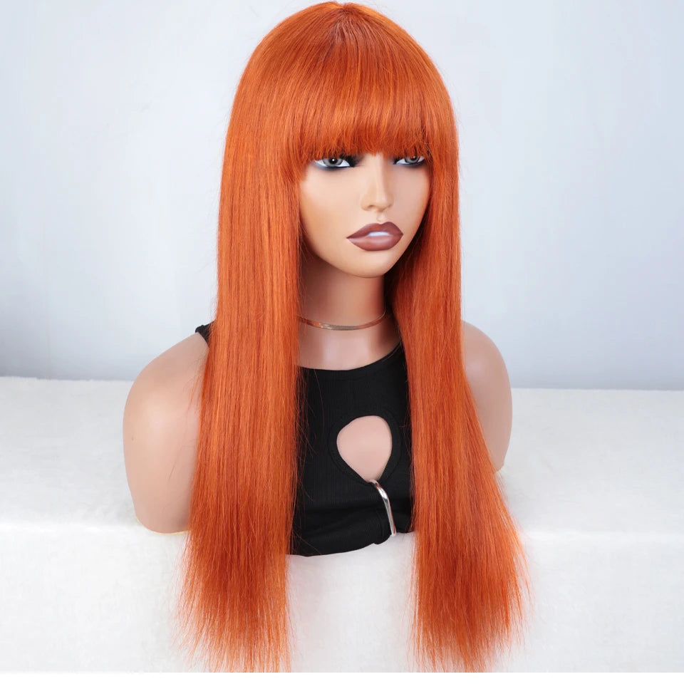 180% Density Ginger Straight Human Hair Wig with Bangs | Full Machine Made Brazilian Hair for Cosplay & Daily Wear Luxegan