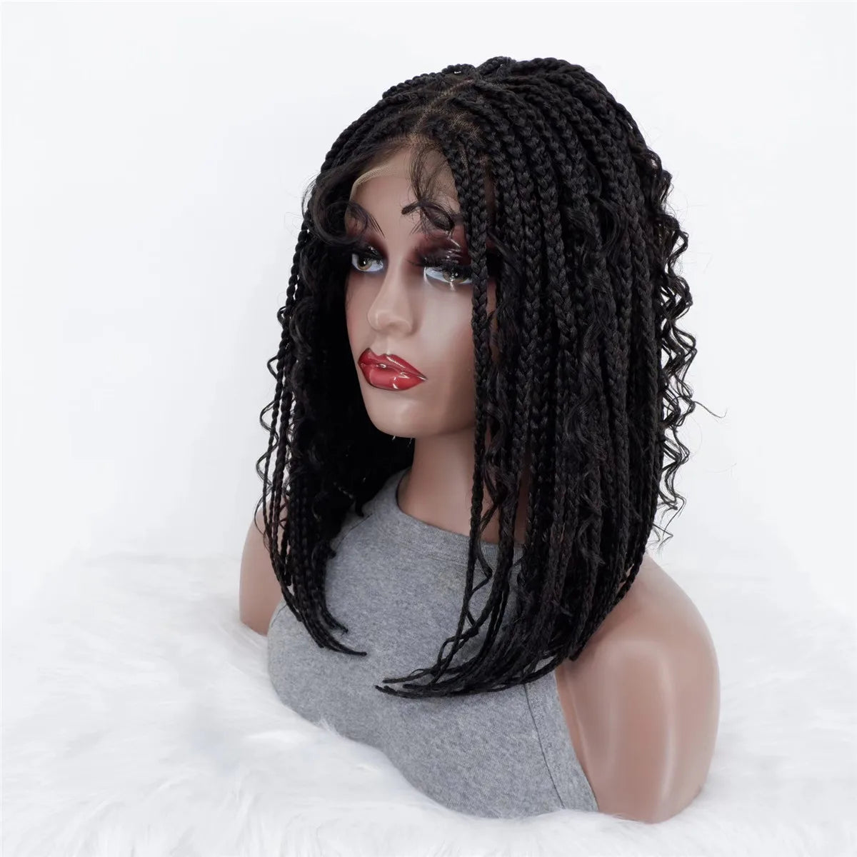 Short Bob Braided Wig - Bantu Knots & Boho Knotless Braids - Lace Front Bob Box Braid Wig for Black Women