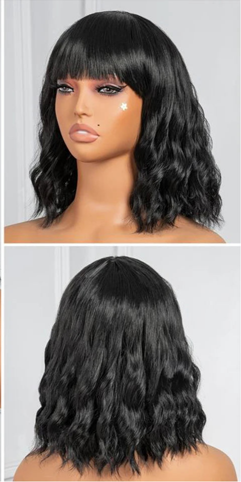 Rebecca Short Wavy & Curly Bob Wig | Human Hair with Bangs & Water Wave Texture Luxegan