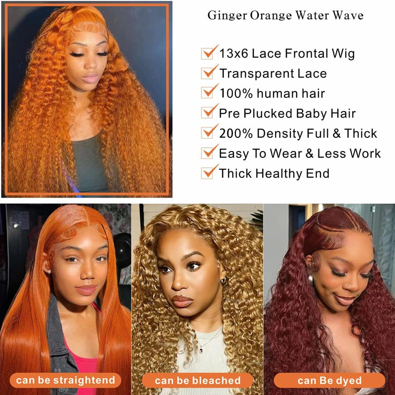 Ginger Orange Water Wave 13x6/13x4 Lace Frontal Wig - Brazilian Remy Hair - Pre Plucked - Deep Curly - 26"+ Long